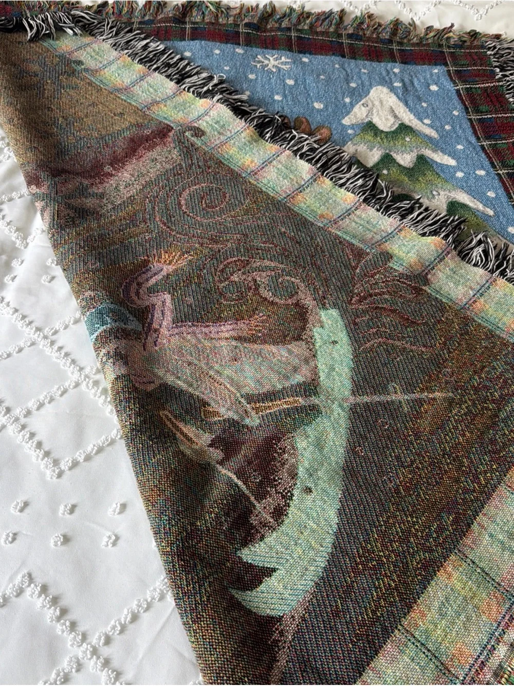 Vintage Winter Christmas Tapestry Blanket Throw Deer Snowman Penguin Skiing Snow